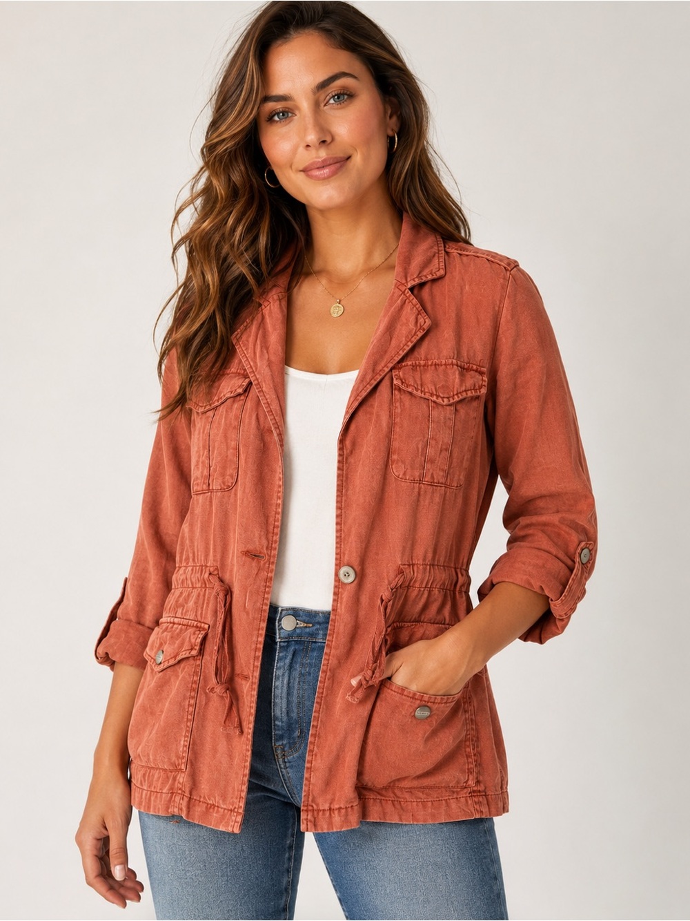 Sanctuary Women Sz S Rust Linen Lyocell Utility Safari Cargo Jacket Pockets Soft